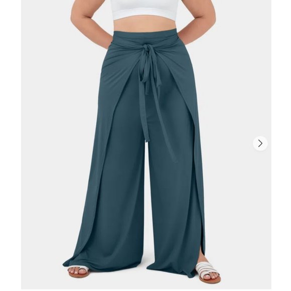 HALARA Pants - HALARA High Waisted Lace Up Palazzo Wide Leg Flowy Pants NWT 3X Teal Split Hem